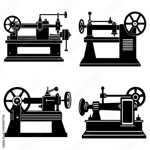Illustration of four vintage lathe machines showcasing different designs and mechanical components in black silhouette
