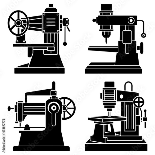 Four black and white silhouettes of industrial milling machines in a vector illustration format