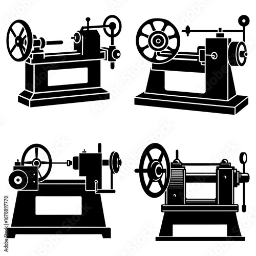 Illustration of four vintage lathe machines with wheels and various mechanical components shown in black