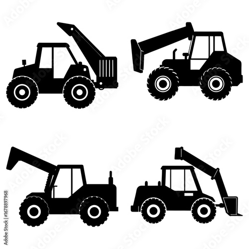 A collection of four black silhouette images of different types of construction vehicles on a white background
