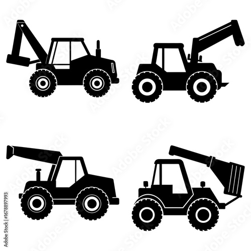 Silhouette illustrations of construction vehicles including excavators and loaders on a white background