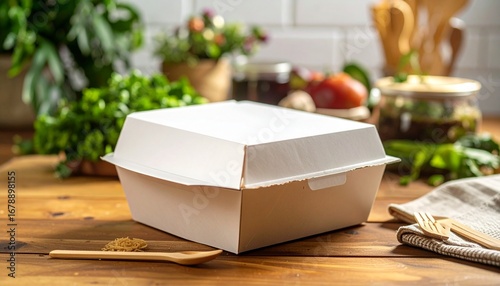 Gourmet meal delivery concept with an eco-friendly container and fresh, natural food ingredients on a rustic wooden surface