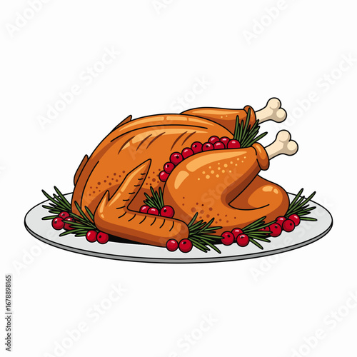 Delicious Roasted Turkey with Herbs and Berries on a White Plate