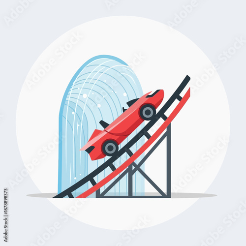 Red car on a roller coaster track ascending a hill.