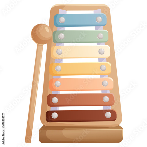Newborn Accessory Collection. Child items set with Montessori wooden xylophone for kids, realistic pastel toy for newborn nursery.