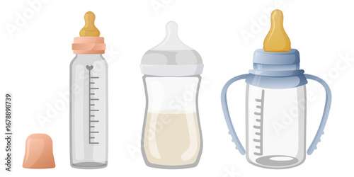 Newborn Accessory Collection. Child items set with three Montessori baby feeding bottles — classic, wide neck and training cup with handles, realistic newborn accessories in pastel tones.
