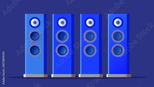Four blue tower speakers in a row on a dark blue background