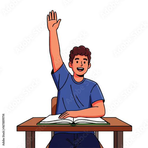 Eager student raising hand in classroom to answer question during engaging learning session