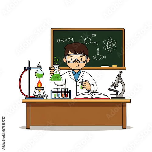 Inspiring young scientist enthusiastically conducting experiment in laboratory with bubbling green liquid and scientific formulas
