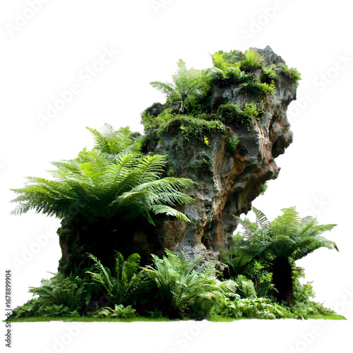 Lush vibrant green ferns and moss cascade over ancient weathered rock formations creating a serene natural oasis perfect for tranquil escapes or fantasy forest scenes