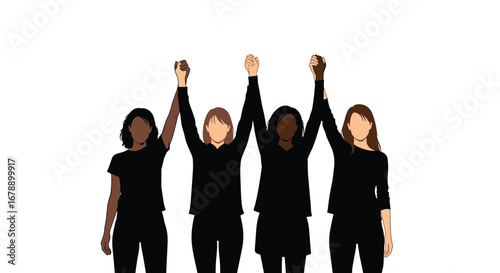 Diverse women standing together raising fists in solidarity for equality and justice in powerful movement