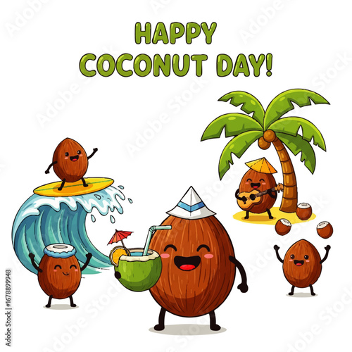 Celebrate Happy Coconut Day with this tropical cartoon beach party scene featuring surfing and fruity drinks