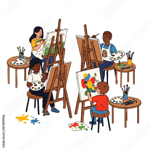 Illustrative art class scene with diverse students painting vibrant canvases, fostering creative expression