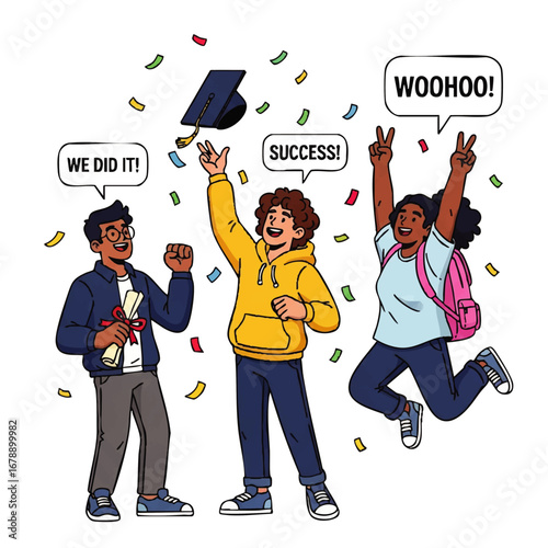 Graduating students celebrating academic achievement with confetti and excitement for future opportunities