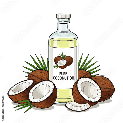 Pure coconut oil bottle with fresh tropical coconuts and palm leaves for healthy lifestyle benefits