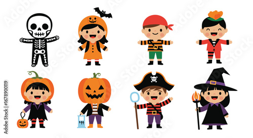 Adorable kids dressed up in Halloween costumes for trick or treating fun and seasonal celebration