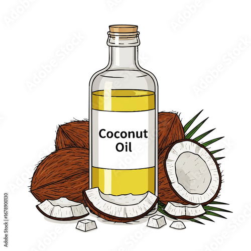 Natural coconut oil bottle with fresh coconuts, a healthy ingredient for cooking and beauty products
