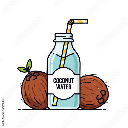 Refreshing coconut water in a bottle with a straw, a healthy and vibrant tropical treat for your designs