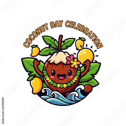 Celebrate Coconut Day with adorable tropical fruit cartoon character in paradise island setting