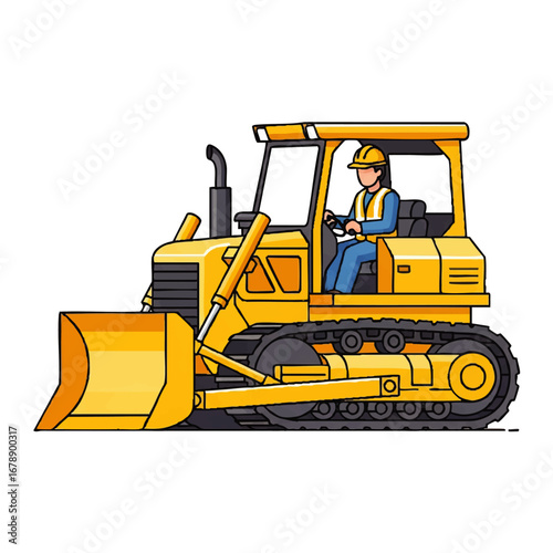 Detailed bulldozer illustration featuring a construction worker operating heavy equipment on a construction site