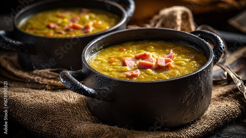Split pea soup with smoked ham, served in cast iron mini pot, rough burlap cloth, cozy kitchen counter setup
