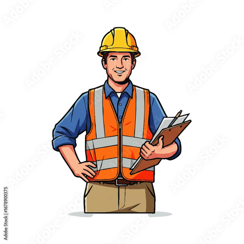 Confident construction worker or engineer smiles holding clipboard ready for inspection or project management