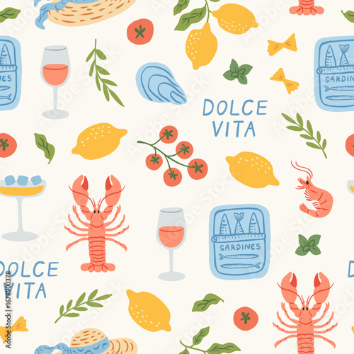 La Dolce Vita seamless pattern. Italian summer print with hand drawn mediterranean food, lobster, sardines, lemons, cherry tomato, wine, shrimp, cocktails. Vector trendy coastal background.
