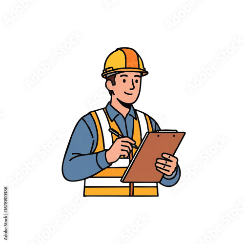 Confident construction worker taking notes on clipboard for project planning, ready for work site inspection