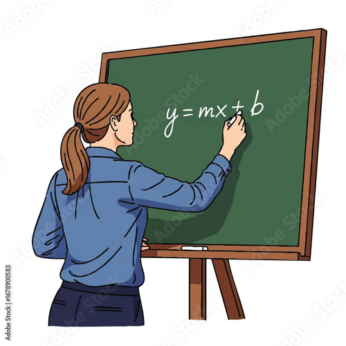 Dedicated math teacher explaining linear equations on chalkboard to students in a classroom setting today