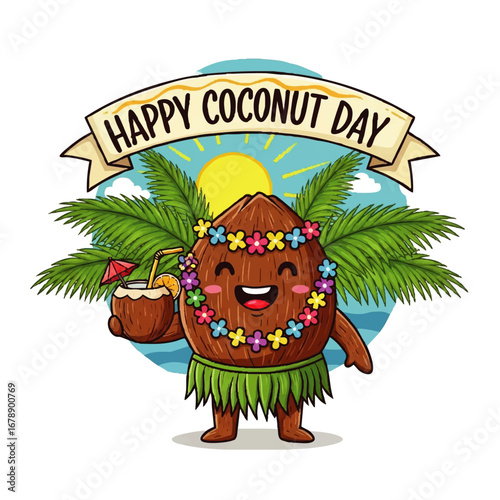 Celebrate Happy Coconut Day with this adorable coconut character enjoying a tropical drink at the beach