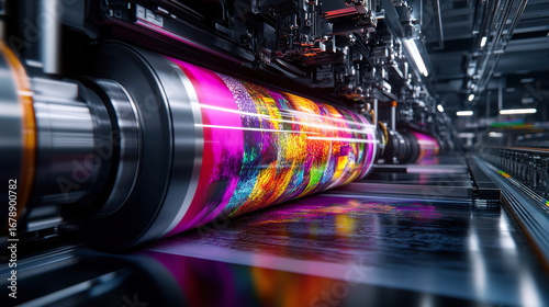 Vivid high-resolution magazines being produced on an advanced printing press with a sleek, polished modern design