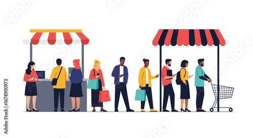 Diverse shoppers queue at vibrant market stalls, browsing with phones and bags, enjoying an outdoor retail experience