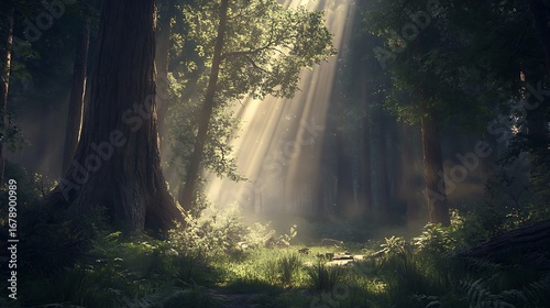 Sunbeams Illuminate A Mystical Forest Path