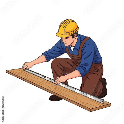 Craftsman carefully measures wood plank with ruler for precision building project, wearing safety helmet