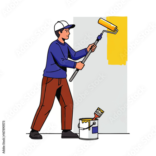 Young man painting wall with vibrant yellow color to brighten up modern home, DIY home improvement