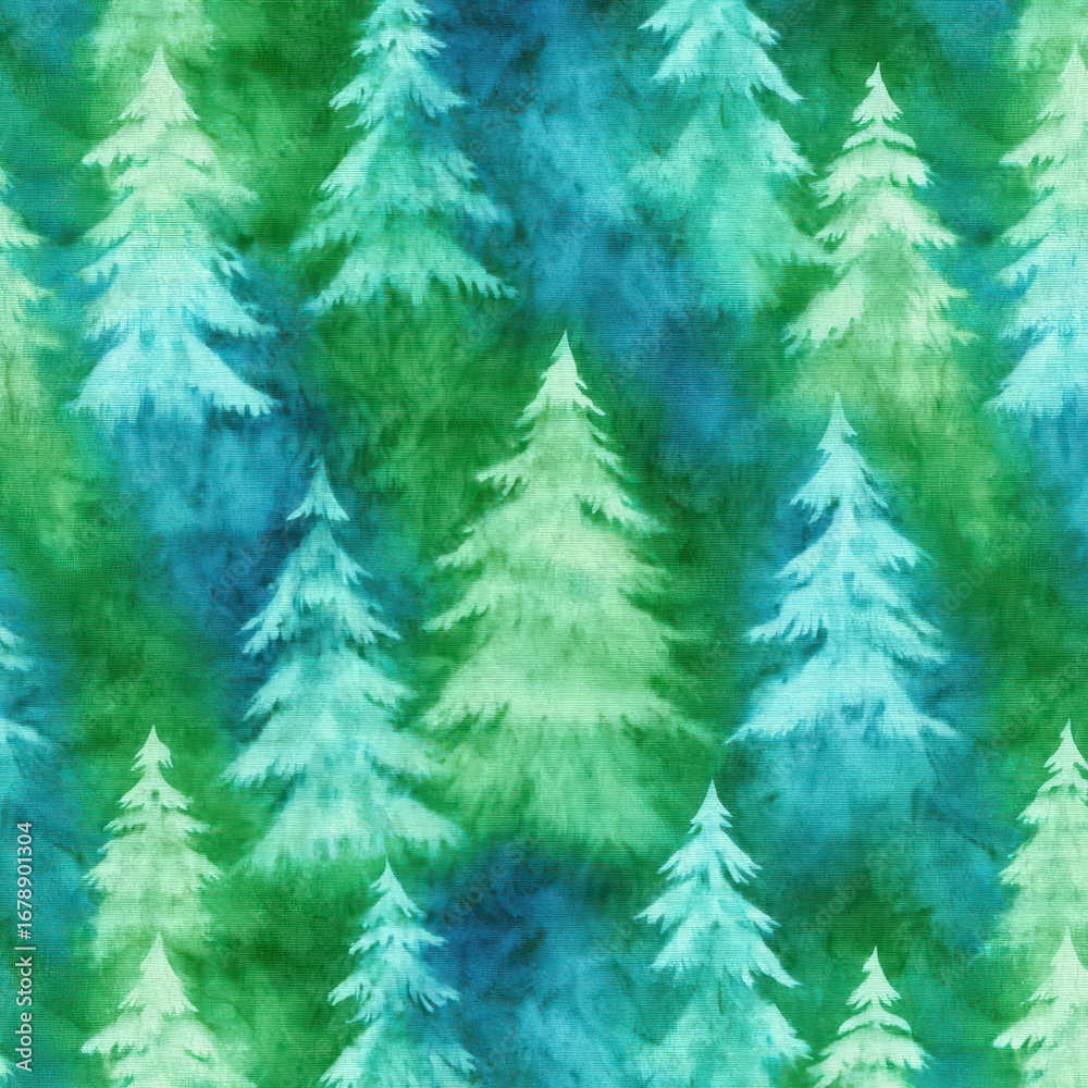 Obraz premium Christmas Tie Dye. Green Watercolor Paint Tree on Festive Batik Background