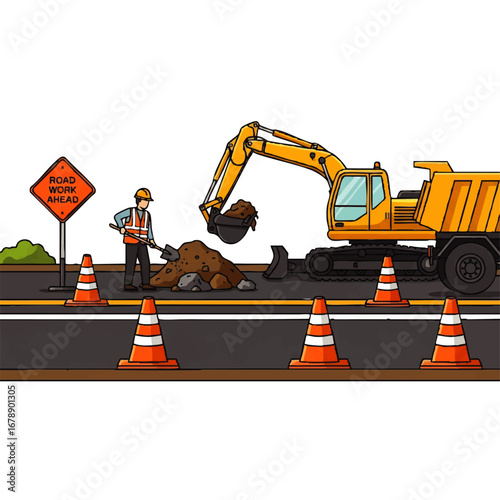 Vibrant road construction scene featuring heavy equipment, cones, and a worker shoveling dirt on a sunny day