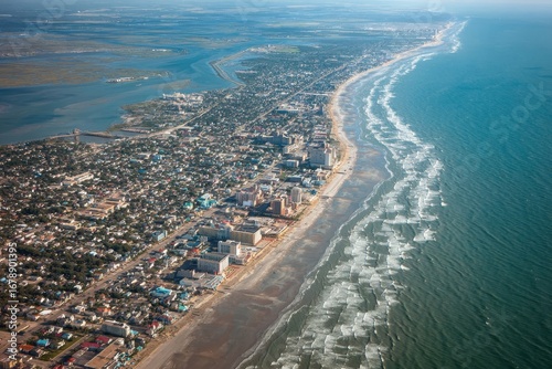 Fototapeta Naklejka Na Ścianę i Meble -  City Of Galveston Aerial Photography. Stunning Beach and Sea Views for Summer Travels