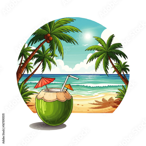 Tropical escape with a refreshing coconut drink on a sunny beach, perfect for summer vibes