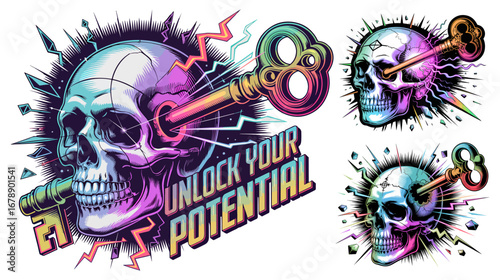 Surreal abstract vector skull pierced by antique key with neon futuristic energy