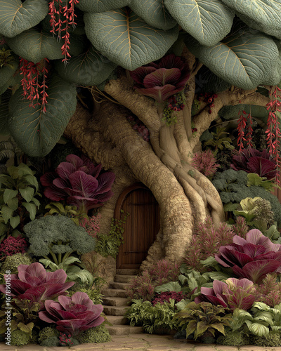 Enchanted Treehouse Door Surrounded by Lush Fantasy Garden.
