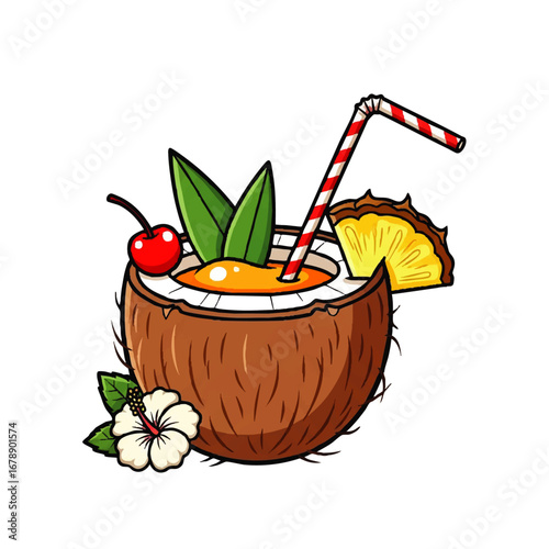 Enjoy a refreshing tropical getaway with this vibrant cartoon coconut cocktail illustration