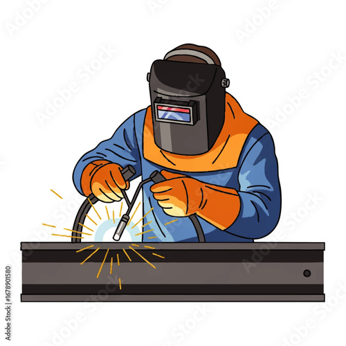 Skilled tradesman welding metal beam with safety gear in bright sparks is perfect for construction projects
