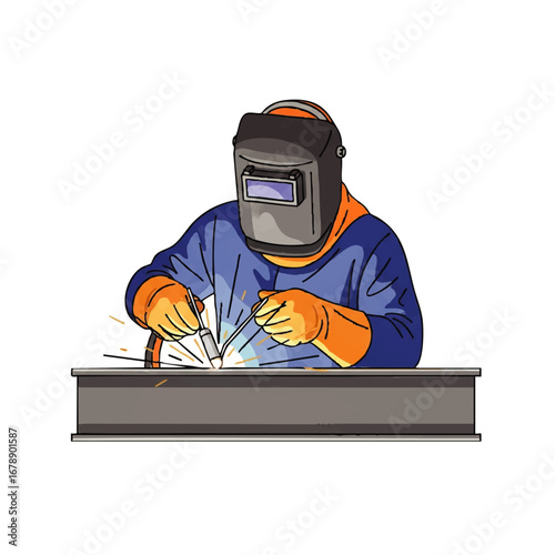 Skilled welder expertly joining metal beams with precision and wearing safety gear in a brightly lit workshop