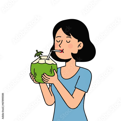 Enjoying refreshing coconut water on a hot summer day a young woman sipping tropical beverage