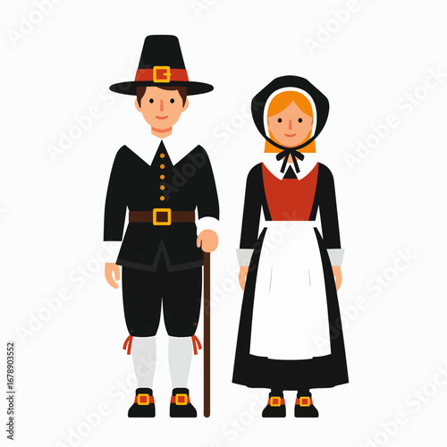 Pilgrim Couple Celebrating Autumn Harvest Festival Together