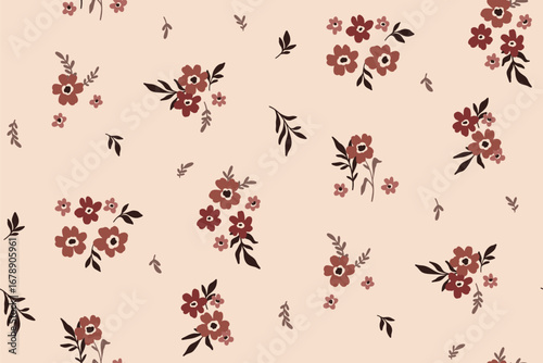 Seamless floral pattern, liberty ditsy print in autumn colors. Vintage rustic style botanical design of mini hand drawn plants, small flowers, tiny leaves, simple bouquets on beige Vector illustration