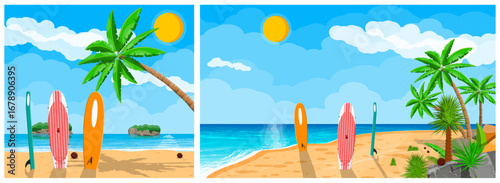 Surfboards and paddle boards on a tropical beach with palm trees and ocean. Summer vacation water sport concept for travel.