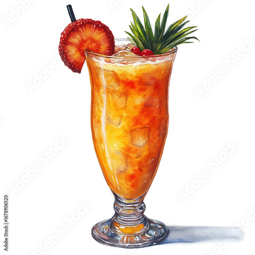 Summer Cocktails Tropical Drinks, watercolor clipart vector, isolated on a white background.