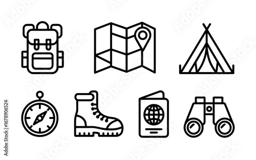 A Set of 9 Line Art Camping Icons in Black and White for Adventure Planning